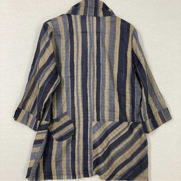 Terra Blue Tan Striped Lagenlook Artsy Button Down Size Medium - Picture 8 of 10